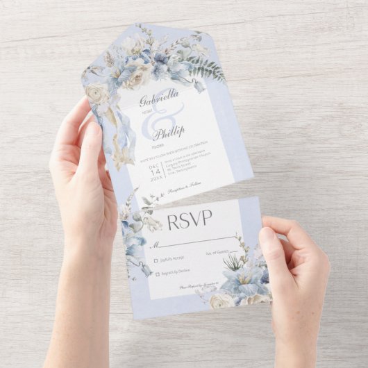 Rustieke winter ijzig blauw & wit bloemen geen din all in one uitnodiging (Afscheurbaar)