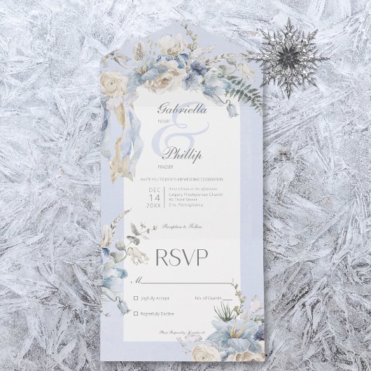 Rustieke winter ijzig blauw & wit bloemen geen din all in one uitnodiging