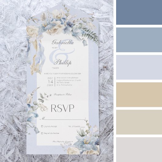 Rustieke winter ijzig blauw & wit bloemen geen din all in one uitnodiging