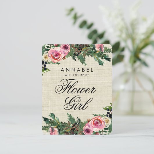 Rustieke Winter Jute Wil Je Mijn Bloemenmeisje Zij Kaart (Staand voorkant)