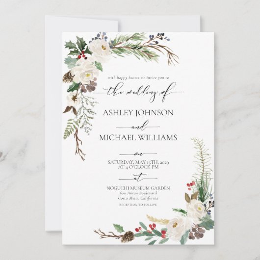 Rustieke winter kalligrafie botanische bruiloft kaart (Voorkant)