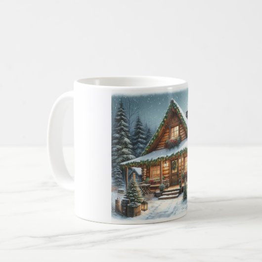 Rustieke winter / kerst besneeuwde cabine koffiemok (Voorkant links)