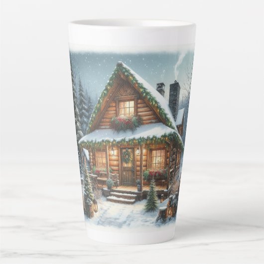 Rustieke winter / kerst besneeuwde cabine latte mok (Voorkant)