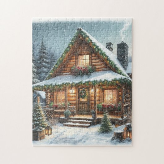 Rustieke winter / kerst besneeuwde cabine legpuzzel (Verticaal)