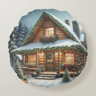 Rustieke winter / kerst besneeuwde cabine rond kussen