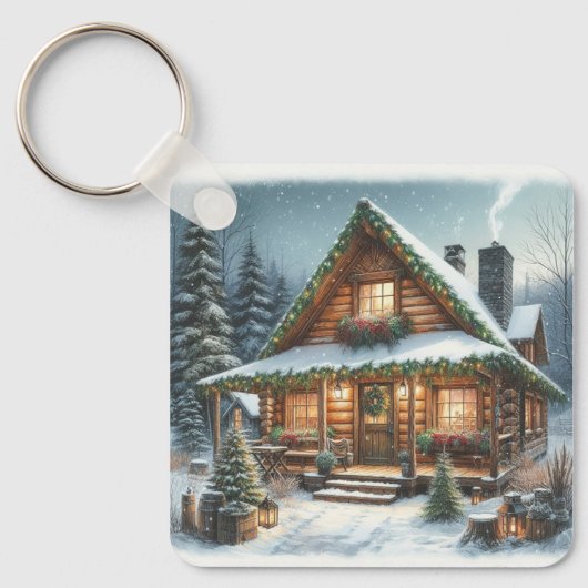 Rustieke winter / kerst besneeuwde cabine sleutelhanger (Voorkant)