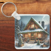 Rustieke winter / kerst besneeuwde cabine sleutelhanger (Voorkant)
