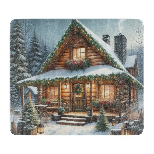 Rustieke winter / kerst besneeuwde cabine snijplank (Voorkant)