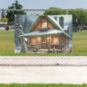 Rustieke winter / kerst besneeuwde cabine spandoek