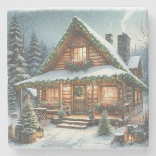 Rustieke winter / kerst besneeuwde cabine stenen onderzetter