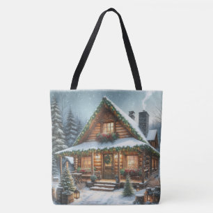 Rustieke winter / kerst besneeuwde cabine tote bag