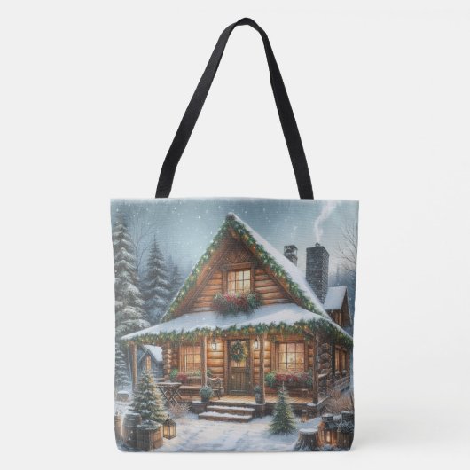 Rustieke winter / kerst besneeuwde cabine tote bag (Voorkant)