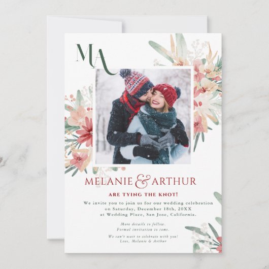 Rustieke Winter Kerst Bloemstuk 2 Foto Bruiloft Save The Date (Voorkant)