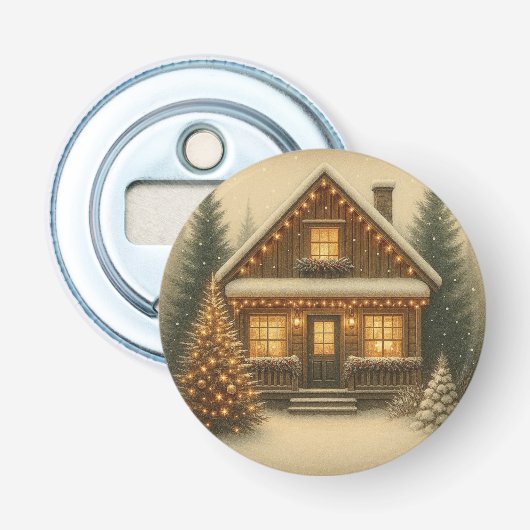 Rustieke, winter/kerst chalet button flesopener (Voorkant)
