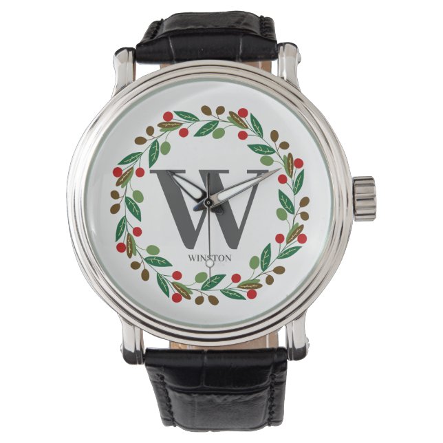 Rustieke Winter Kerst Monogram Initiaal krans Horloge (Voorkant)