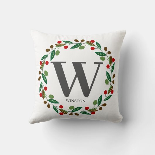 Rustieke Winter Kerst Monogram Initiaal Krans Kussen (Achterkant)
