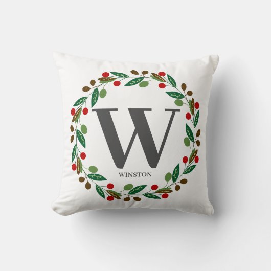 Rustieke Winter Kerst Monogram Initiaal Krans Kussen (Voorkant)