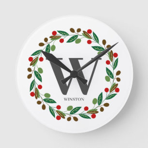 Rustieke Winter Kerst Monogram Initiaal krans Ronde Klok