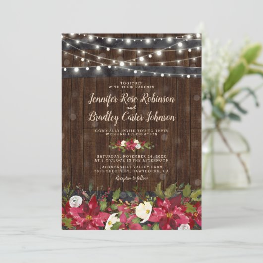 Rustieke Winter Kerstmis Bloemen Barrel Bruiloft Kaart (Staand voorkant)