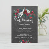Rustieke winter krijtbord bordeaux bloemenbruiloft kaart (Staand voorkant)