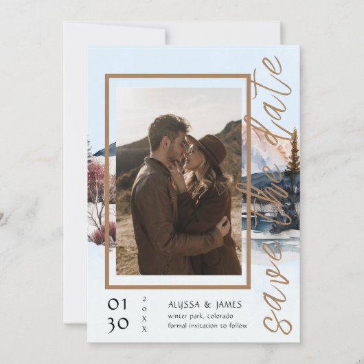 Rustieke Winter Lodge in de bergen Save the Date Kaart (Voorkant)