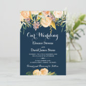 Rustieke winter marine blauwe perzik pioen bloemen kaart (Staand voorkant)