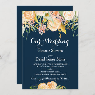 Rustieke winter marine blauwe perzik pioen bloemen kaart