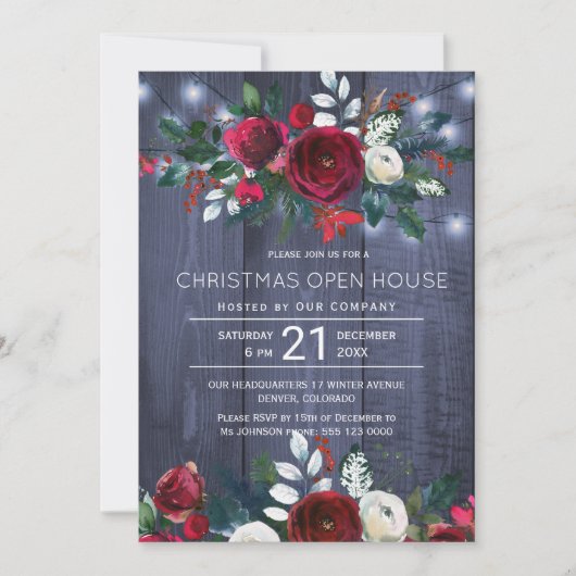 Rustieke Winter Marine Rode Bloemen Kerstmis Open  Kaart (Voorkant)