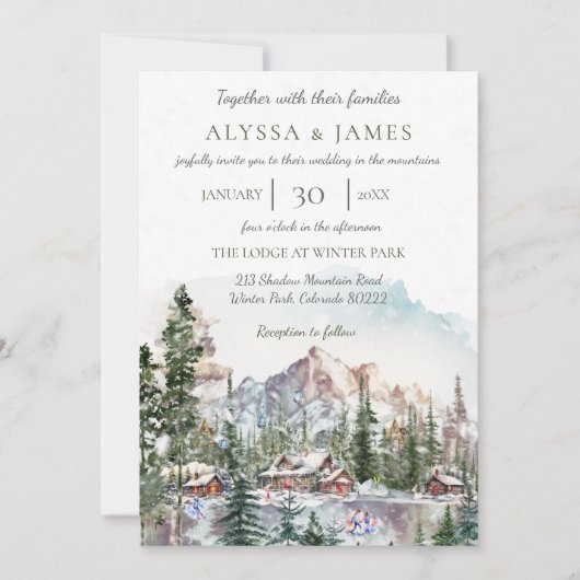 Rustieke Winter Mountain Lodge bruiloft uitnodigin Kaart (Voorkant)
