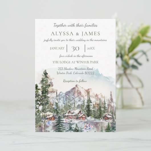 Rustieke Winter Mountain Lodge bruiloft uitnodigin Kaart (Staand voorkant)