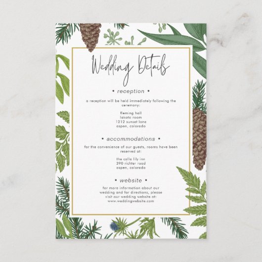 Rustieke Winter Natuur & Pine Lijst Wedding Detail Informatiekaartje (Voorkant)