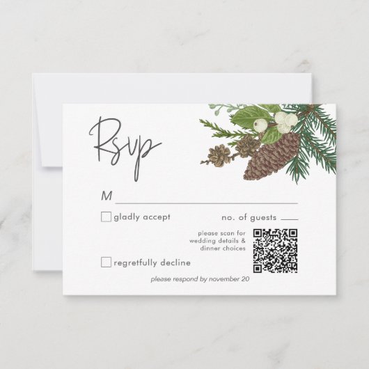 Rustieke Winter Natuur & Pine QR Code RSVP Kaartje (Voorkant)