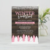 Rustieke Winter Onederland Roze 1e Verjaardag Uitn Kaart (Staand voorkant)