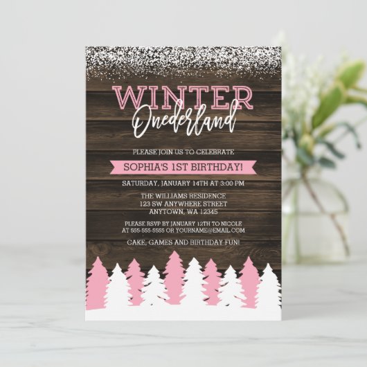 Rustieke Winter Onederland Roze 1e Verjaardag Uitn Kaart (Staand voorkant)