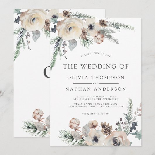 Rustieke Winter Pine Botanische Bloemen Bruiloft Kaart (Voorkant / Achterkant)