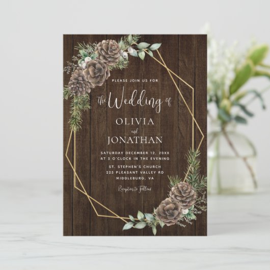 Rustieke Winter Pine Cones Gouden Lijst Wedding Kaart (Staand voorkant)