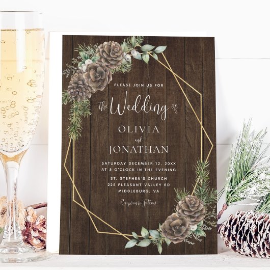 Rustieke Winter Pine Cones Gouden Lijst Wedding Kaart