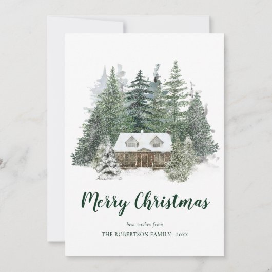 Rustieke Winter Pine Forest Cabin Kerstmis Feestdagenkaart (Voorkant)