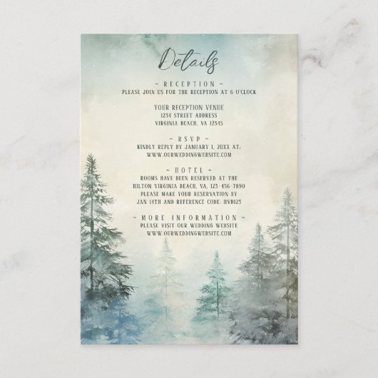 Rustieke Winter Pine Forest Woodland bruiloft deta Informatiekaartje (Voorkant)