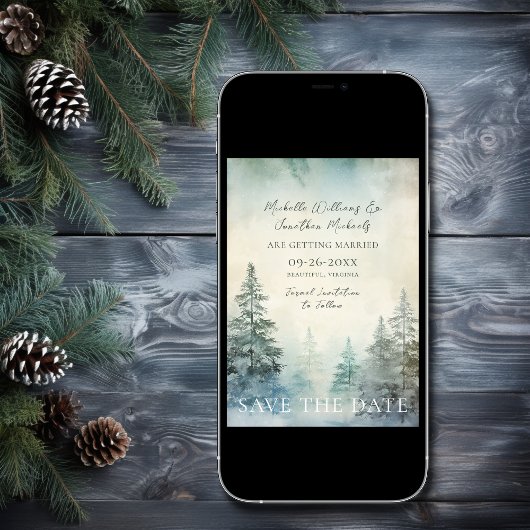 Rustieke Winter Pine Forest Woodland bruiloft Save The Date