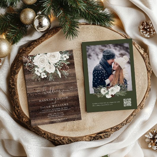 Rustieke Winter Pine QR Code RSVP Wedding Kaart