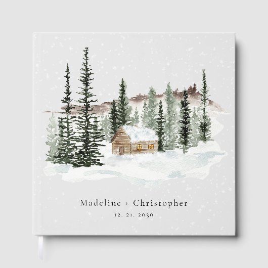 Rustieke Winter Pine Tree Cabin Wedding Gastenboek (Voorkant)