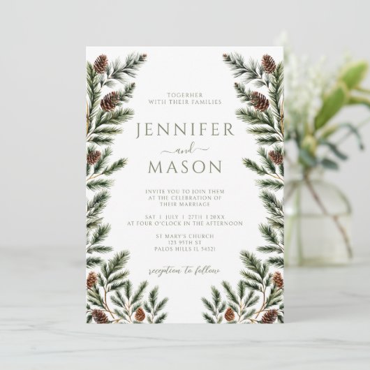 Rustieke Winter Pine Tree Cones Boho Bruiloft QR Kaart (Staand voorkant)