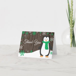 Rustieke Winter Pinguïn Groen Sneeuwvlok Bedankkaart