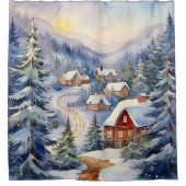 Rustieke Winter Scene Schoorsteen Smoke Sneeuwbome Douchegordijn (Voorkant)