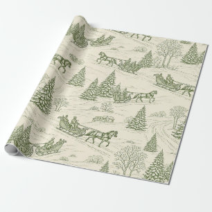 Rustieke Winter Slede Groen Crème Besneeuwd Landsc Cadeaupapier