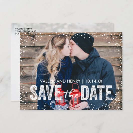 Rustieke Winter Sneeuwval Save the Date Foto Aankondigingskaart (Voorkant / Achterkant)
