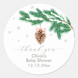 Rustieke Winter Sneeuwvlok Dennenkegel Baby Shower Ronde Sticker