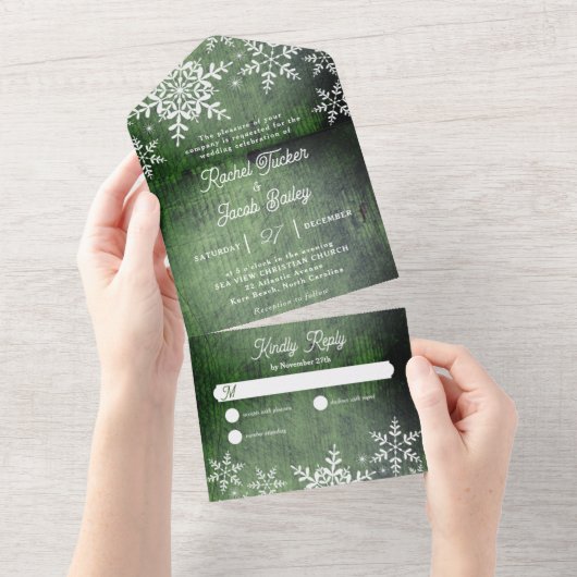 Rustieke Winter Sneeuwvlokken Groene Kerstmis Brui All In One Uitnodiging (Afscheurbaar)