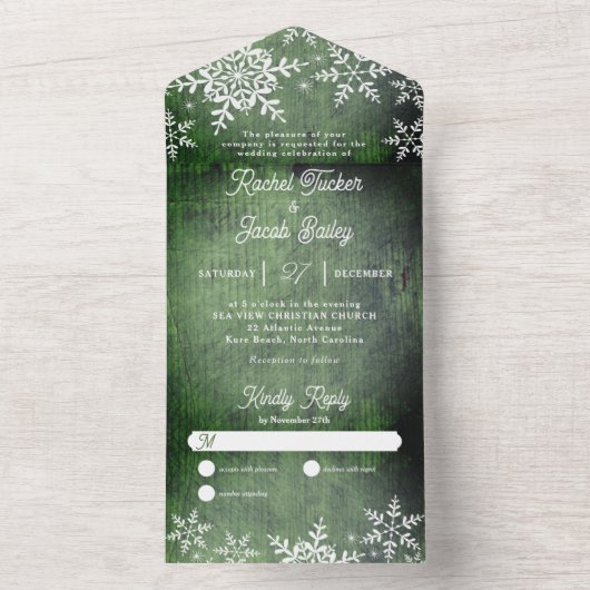 Rustieke Winter Sneeuwvlokken Groene Kerstmis Brui All In One Uitnodiging (Binnen)